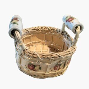Vintage Wicker Basket With Ceramic Apple Design Handles